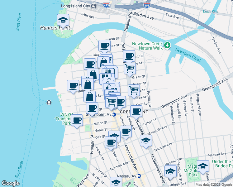 map of restaurants, bars, coffee shops, grocery stores, and more near 152 India Street in Brooklyn