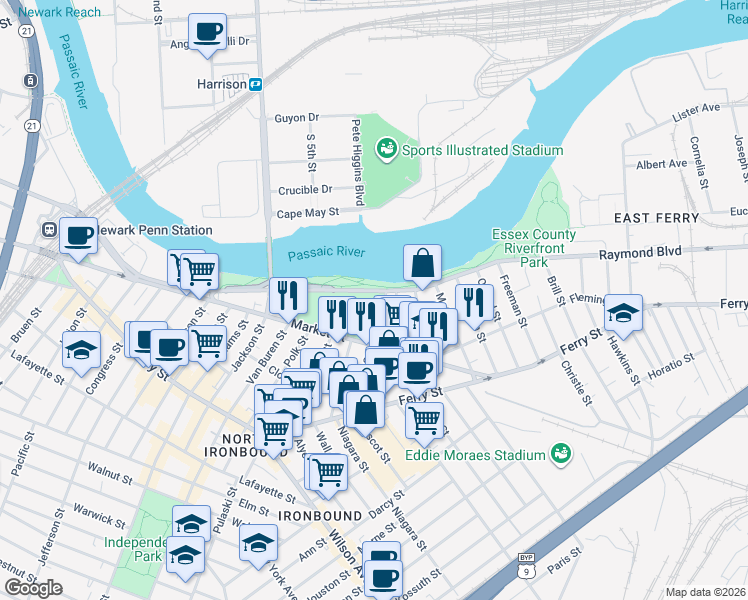 map of restaurants, bars, coffee shops, grocery stores, and more near 480 Raymond Boulevard in Newark