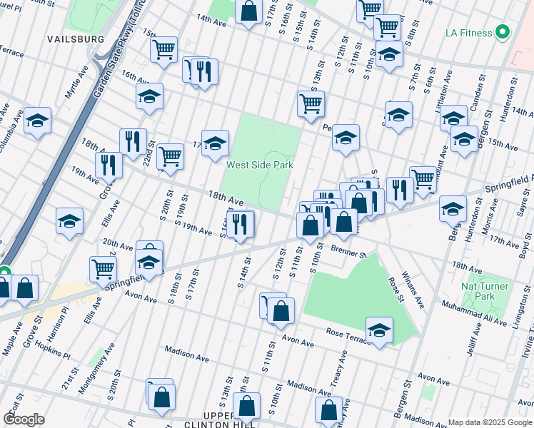 map of restaurants, bars, coffee shops, grocery stores, and more near 531 18th Avenue in Newark