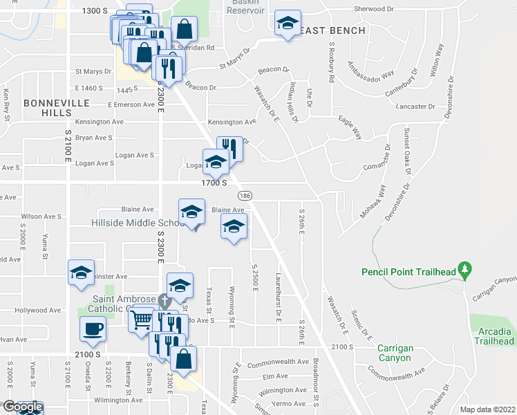 map of restaurants, bars, coffee shops, grocery stores, and more near 1749 Foothill Drive in Salt Lake City