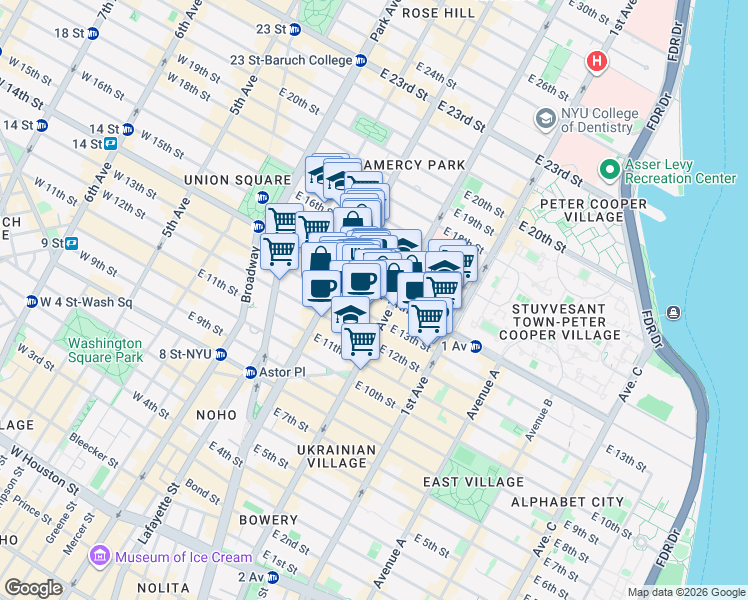 map of restaurants, bars, coffee shops, grocery stores, and more near 230 East 14th Street in New York