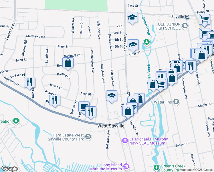 map of restaurants, bars, coffee shops, grocery stores, and more near 71 Rollstone Avenue in West Sayville