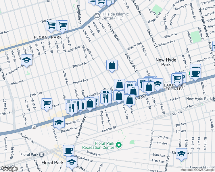 map of restaurants, bars, coffee shops, grocery stores, and more near 66 McKee Street in Floral Park