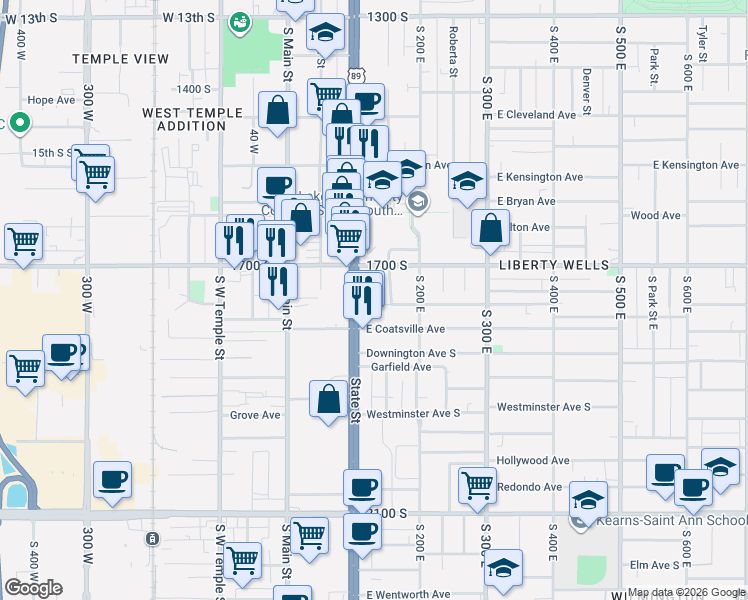 map of restaurants, bars, coffee shops, grocery stores, and more near 1749 State Street in Salt Lake City