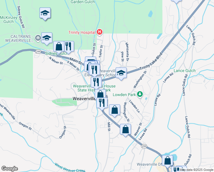 map of restaurants, bars, coffee shops, grocery stores, and more near Center St in Weaverville