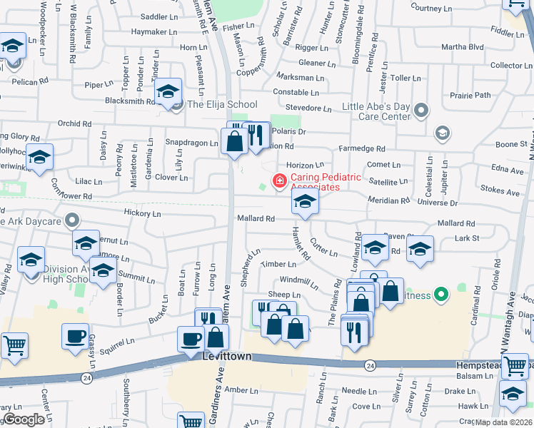 map of restaurants, bars, coffee shops, grocery stores, and more near 25 Mallard Road in Levittown