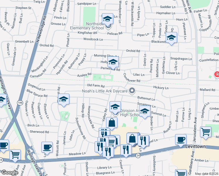 map of restaurants, bars, coffee shops, grocery stores, and more near 114 Valley Road in Levittown