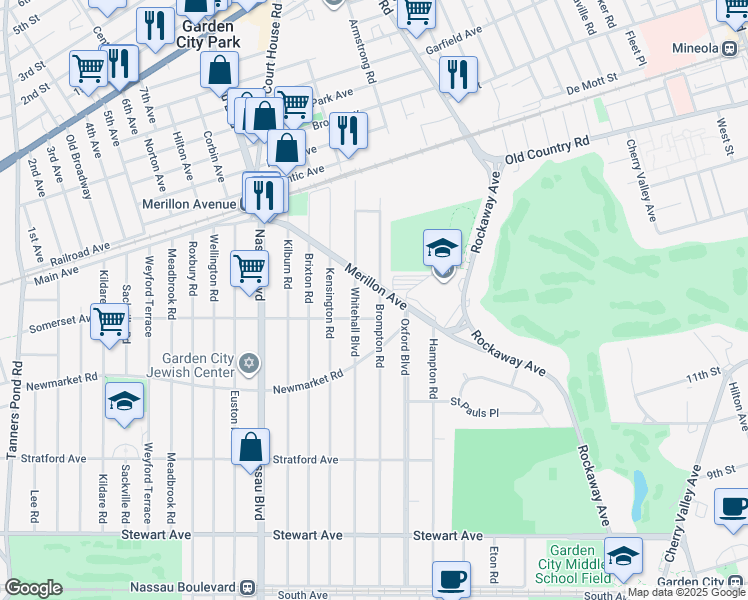map of restaurants, bars, coffee shops, grocery stores, and more near 190 Brompton Road in Garden City