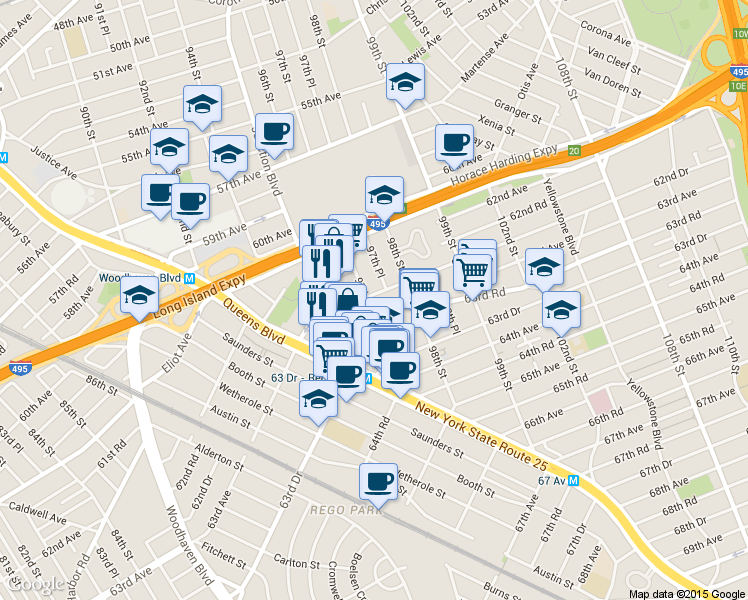 map of restaurants, bars, coffee shops, grocery stores, and more near 97-10 62nd Drive in Queens