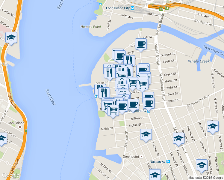 map of restaurants, bars, coffee shops, grocery stores, and more near 66 Huron Street in Brooklyn