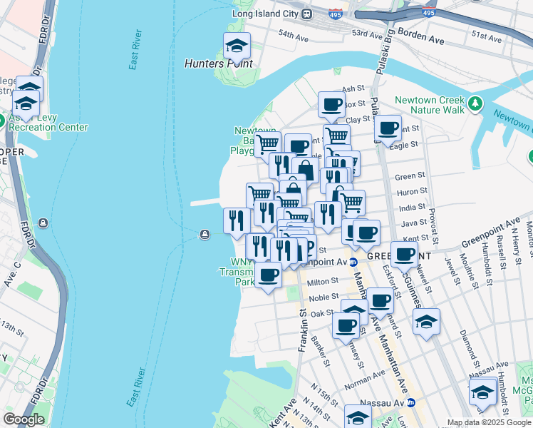 map of restaurants, bars, coffee shops, grocery stores, and more near 66 Huron Street in Brooklyn