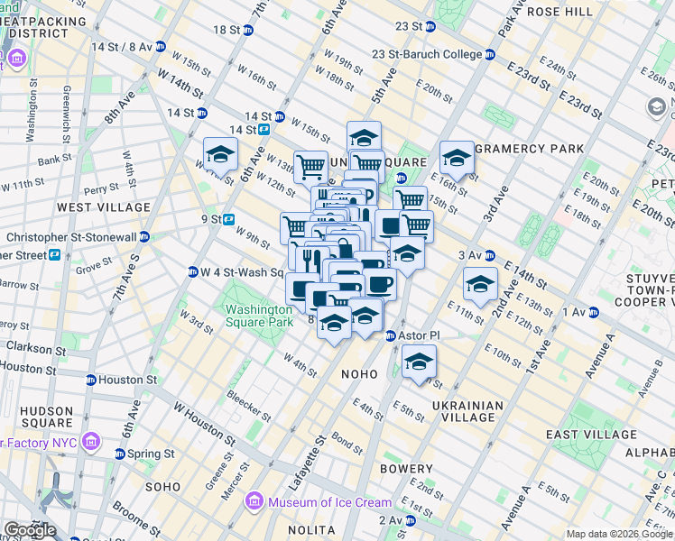 map of restaurants, bars, coffee shops, grocery stores, and more near 21 East 10th Street in New York