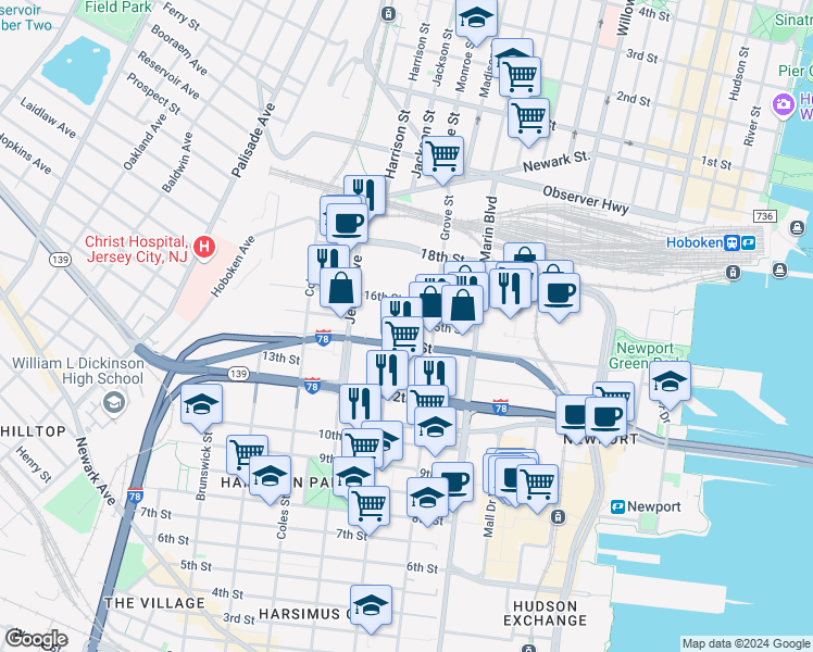 map of restaurants, bars, coffee shops, grocery stores, and more near 209 16th Street in Jersey City