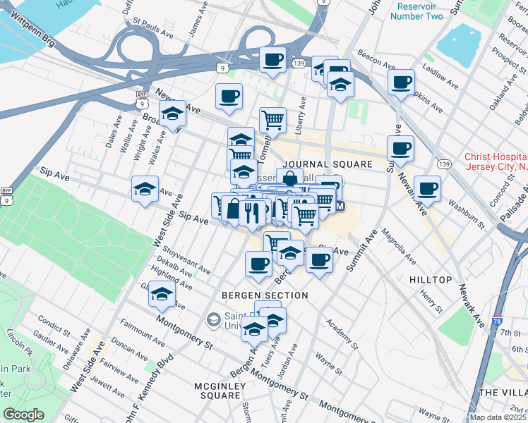 map of restaurants, bars, coffee shops, grocery stores, and more near 52 Tonnele Avenue in Jersey City