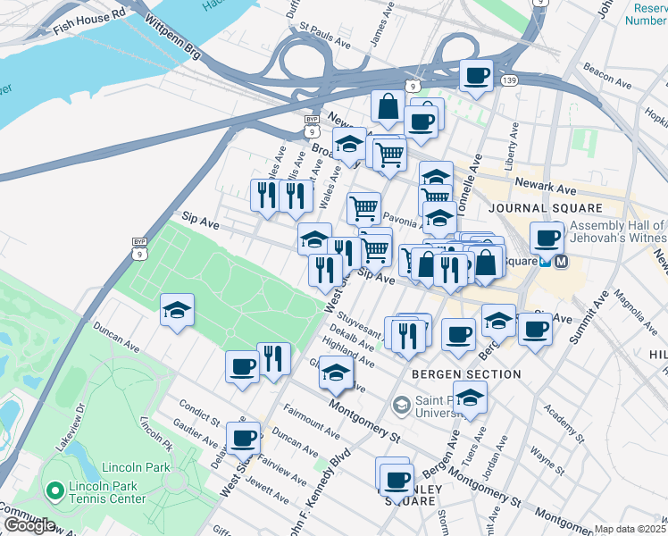 map of restaurants, bars, coffee shops, grocery stores, and more near in Jersey City