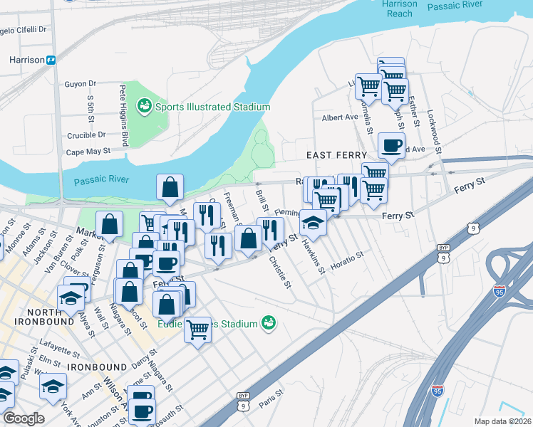 map of restaurants, bars, coffee shops, grocery stores, and more near 98 Fleming Avenue in Newark