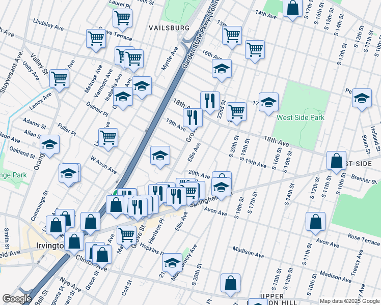 map of restaurants, bars, coffee shops, grocery stores, and more near 257 Ellis Avenue in Irvington