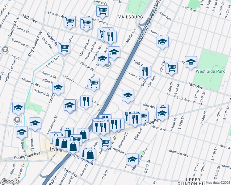 map of restaurants, bars, coffee shops, grocery stores, and more near 189 Western Parkway in Irvington