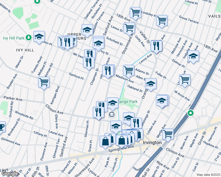 map of restaurants, bars, coffee shops, grocery stores, and more near 415 Stuyvesant Avenue in Irvington