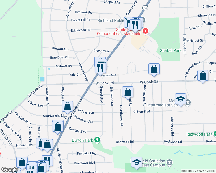 map of restaurants, bars, coffee shops, grocery stores, and more near 451 West Cook Road in Mansfield