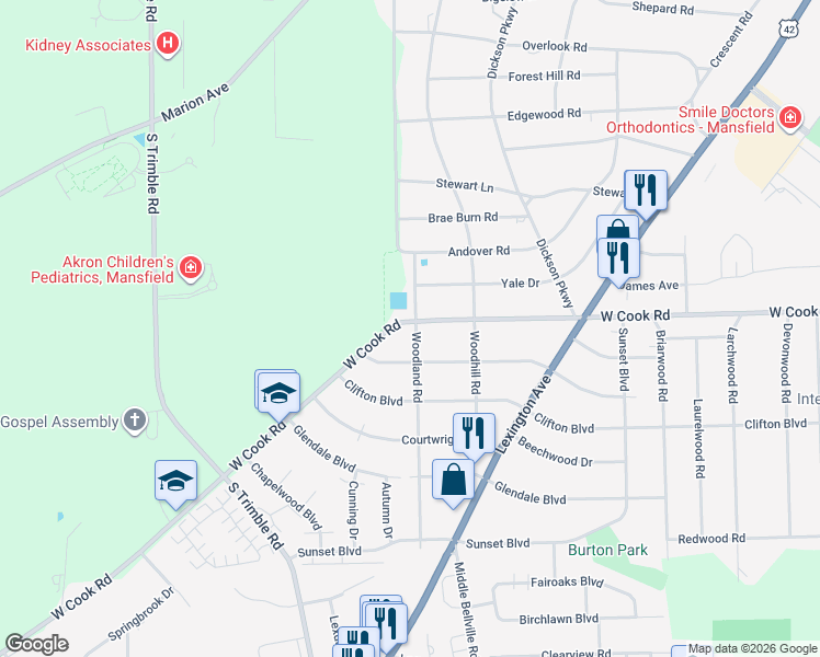 map of restaurants, bars, coffee shops, grocery stores, and more near 968 Woodland Road in Mansfield