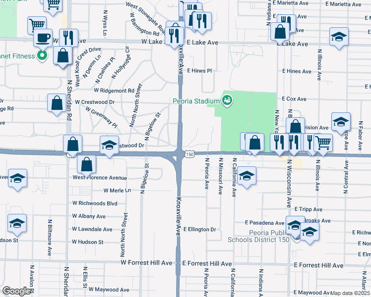 map of restaurants, bars, coffee shops, grocery stores, and more near in Peoria