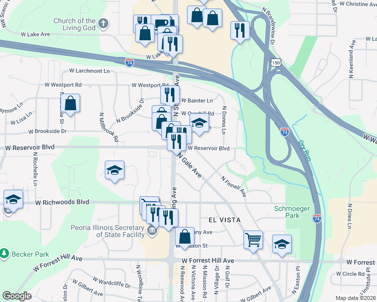 map of restaurants, bars, coffee shops, grocery stores, and more near 3634 North Gale Avenue in Peoria