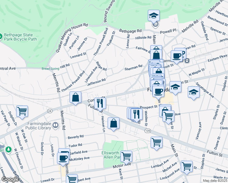 map of restaurants, bars, coffee shops, grocery stores, and more near 37 Dale Drive in Farmingdale
