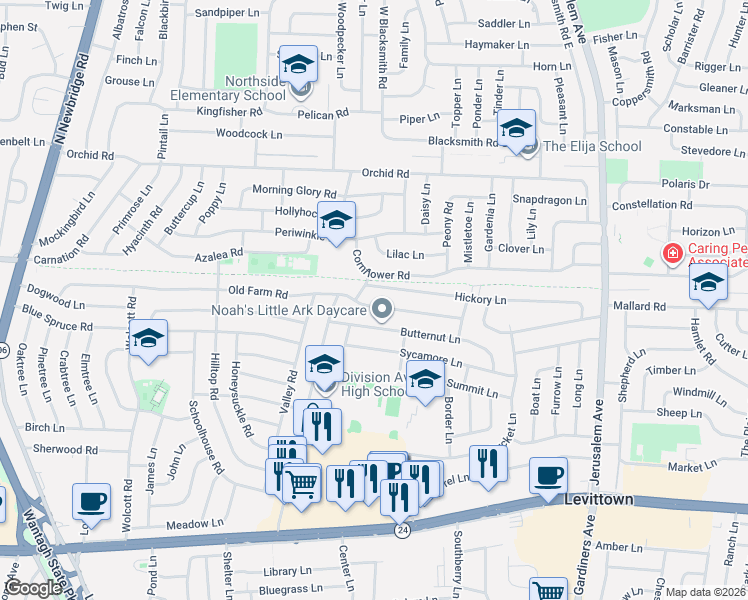 map of restaurants, bars, coffee shops, grocery stores, and more near 193 Old Farm Road in Levittown