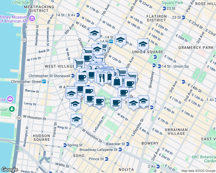 map of restaurants, bars, coffee shops, grocery stores, and more near 15 MacDougal Alley in New York