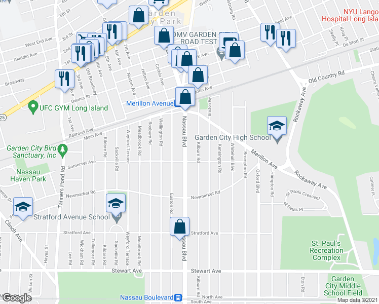 map of restaurants, bars, coffee shops, grocery stores, and more near 195 Nassau Boulevard in Garden City