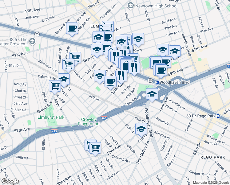 map of restaurants, bars, coffee shops, grocery stores, and more near 86-01 57th Avenue in Queens