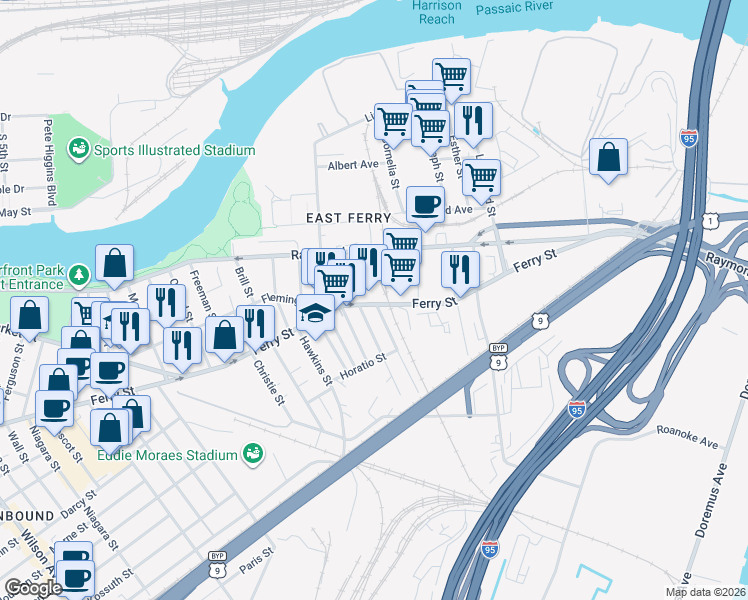 map of restaurants, bars, coffee shops, grocery stores, and more near 556 Ferry Street in Newark