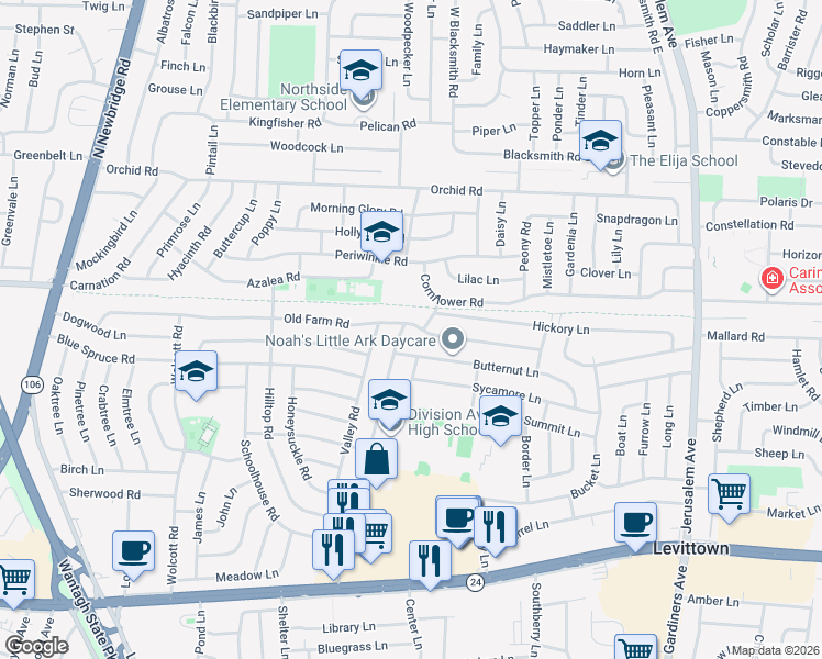 map of restaurants, bars, coffee shops, grocery stores, and more near 174 Old Farm Road in Levittown