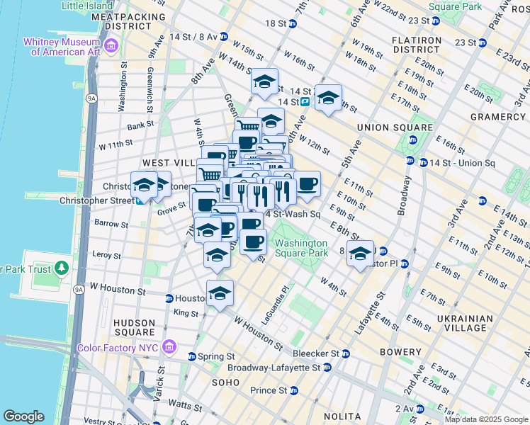 map of restaurants, bars, coffee shops, grocery stores, and more near 118 Waverly Place in New York