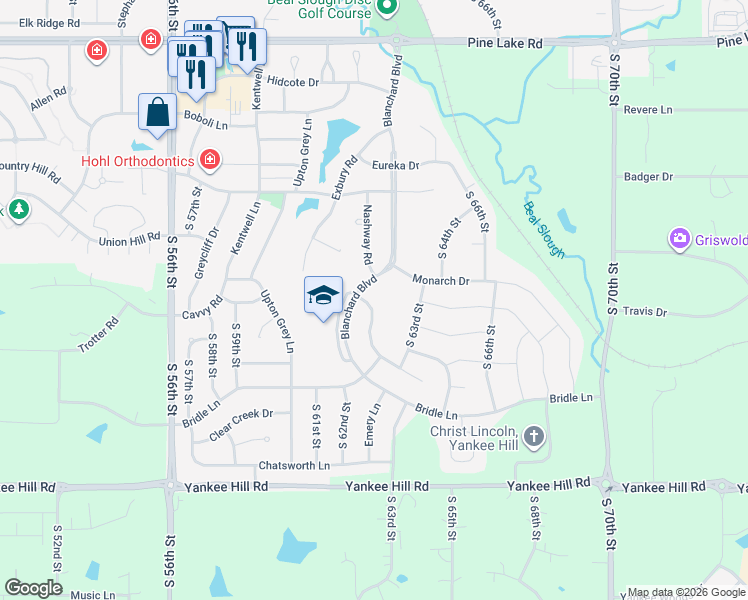 map of restaurants, bars, coffee shops, grocery stores, and more near 7730 Blanchard Boulevard in Lincoln