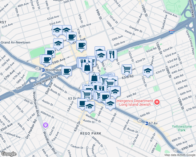 map of restaurants, bars, coffee shops, grocery stores, and more near 97-10 62nd Drive in Queens