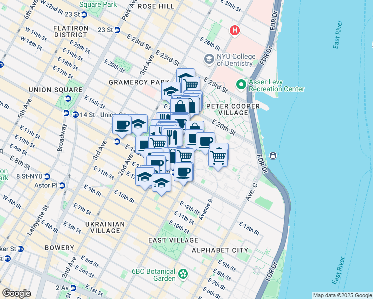 map of restaurants, bars, coffee shops, grocery stores, and more near 272 1st Avenue in New York