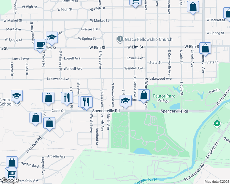 map of restaurants, bars, coffee shops, grocery stores, and more near 715 South Glenwood Avenue in Lima