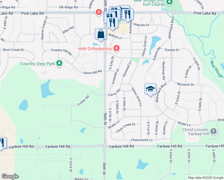 map of restaurants, bars, coffee shops, grocery stores, and more near 7750 Greycliff Drive in Lincoln