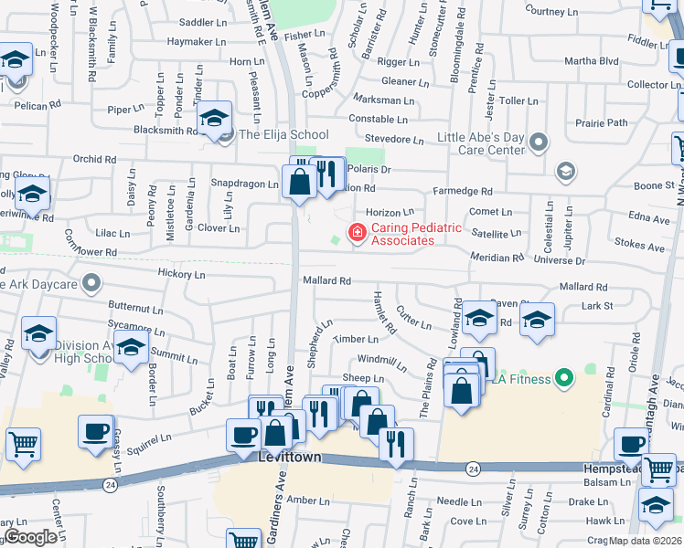 map of restaurants, bars, coffee shops, grocery stores, and more near 25 Mallard Road in Levittown