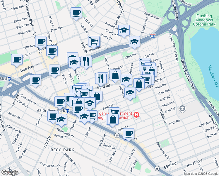 map of restaurants, bars, coffee shops, grocery stores, and more near 99-40 63rd Road in Queens