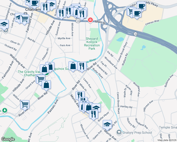 map of restaurants, bars, coffee shops, grocery stores, and more near 83 River Road in Summit