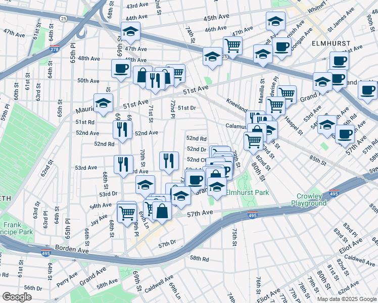 map of restaurants, bars, coffee shops, grocery stores, and more near 52-43 73rd Street in Queens