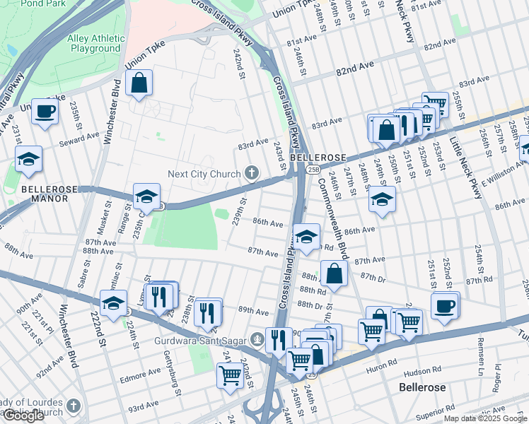 map of restaurants, bars, coffee shops, grocery stores, and more near 241-06 85th Road in Queens