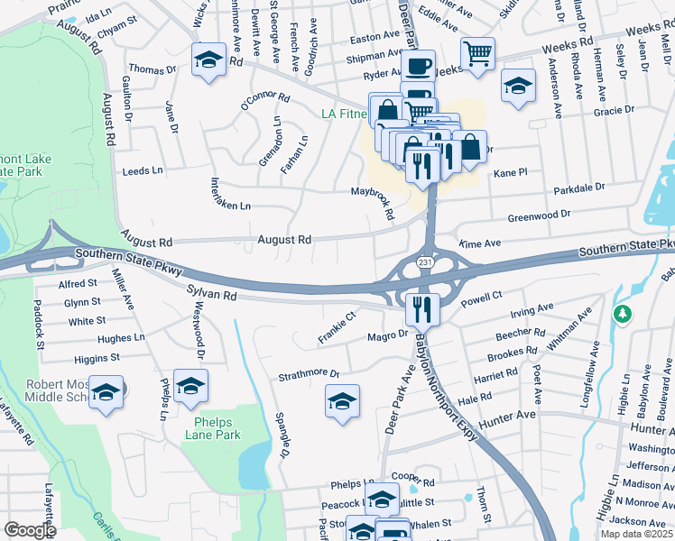 map of restaurants, bars, coffee shops, grocery stores, and more near in North Babylon