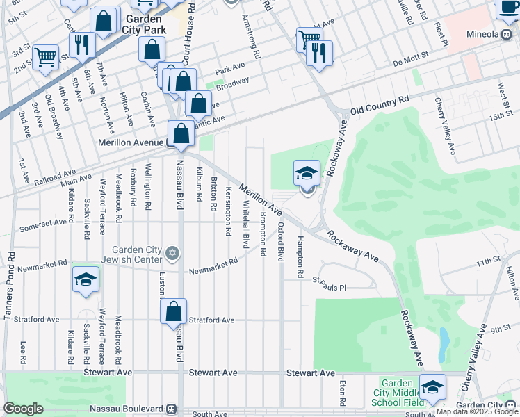 map of restaurants, bars, coffee shops, grocery stores, and more near 190 Brompton Road in Garden City