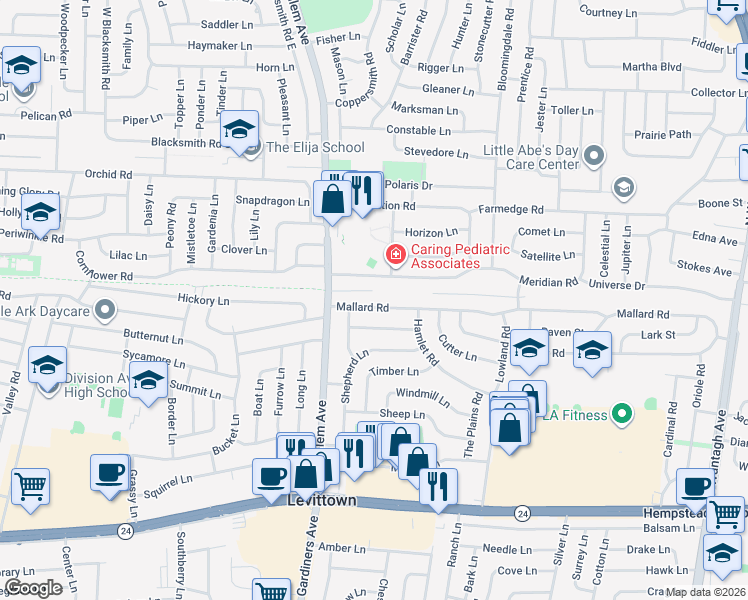 map of restaurants, bars, coffee shops, grocery stores, and more near 25 Mallard Road in Levittown