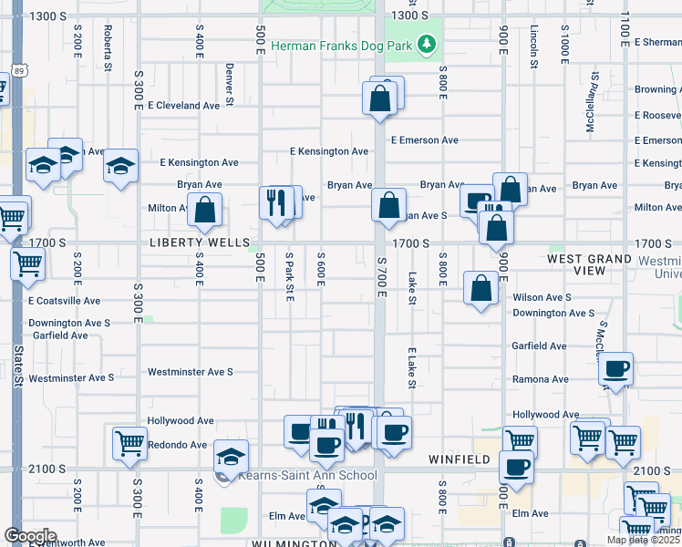 map of restaurants, bars, coffee shops, grocery stores, and more near 625 Wilson Avenue South in Salt Lake City