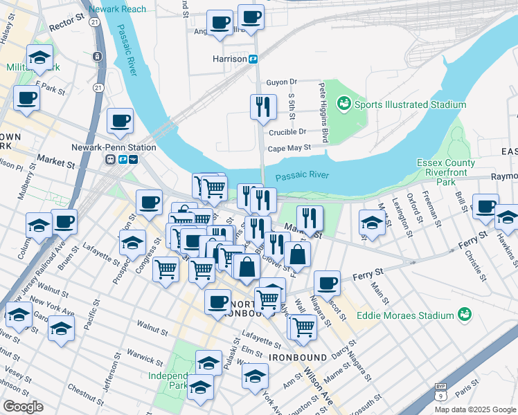 map of restaurants, bars, coffee shops, grocery stores, and more near 822 Raymond Boulevard in Newark